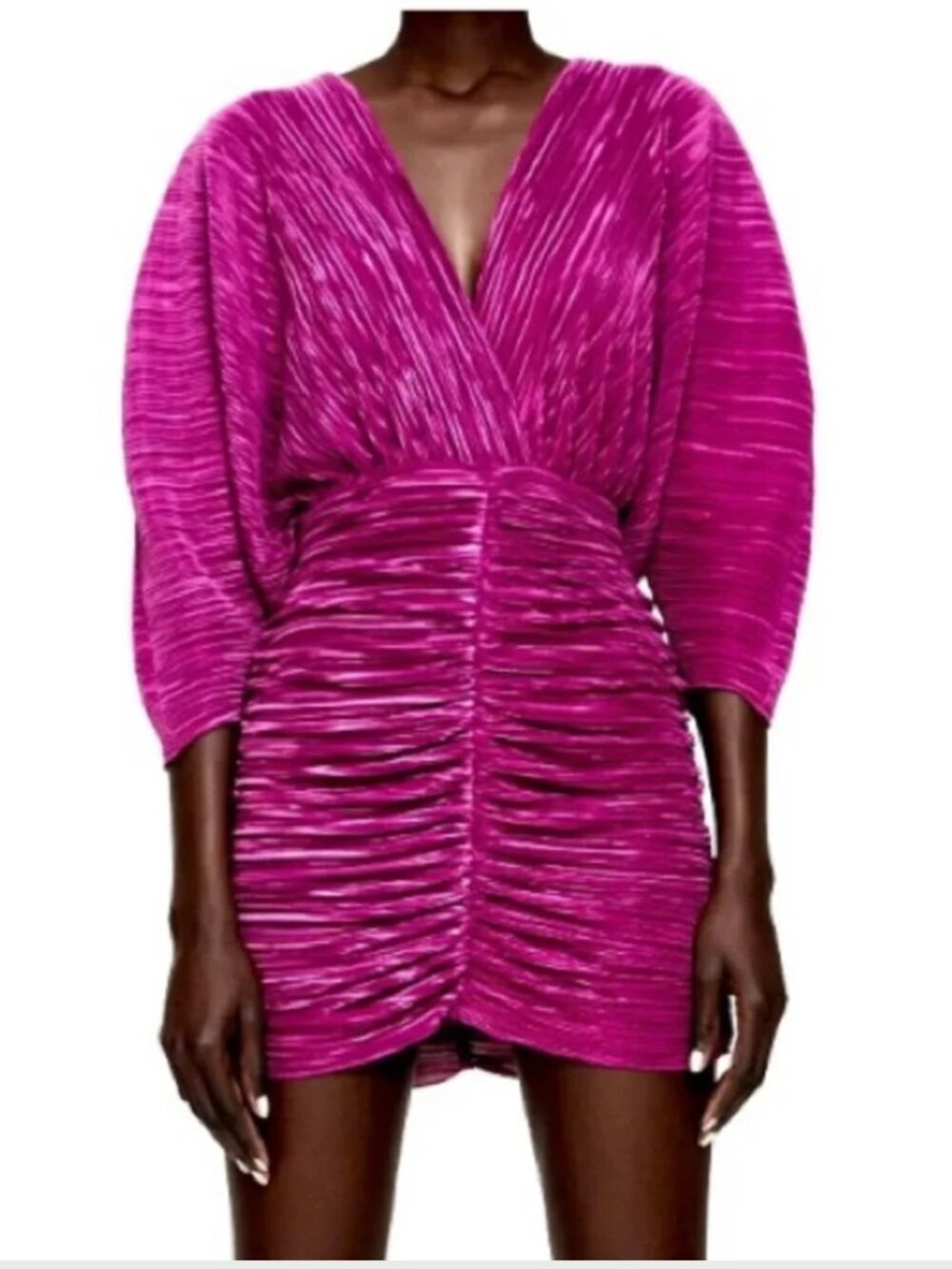 Zara Pink Draped Plisse Mini Dress Sz M Long Sleeve V-Neck Ruched Metallic